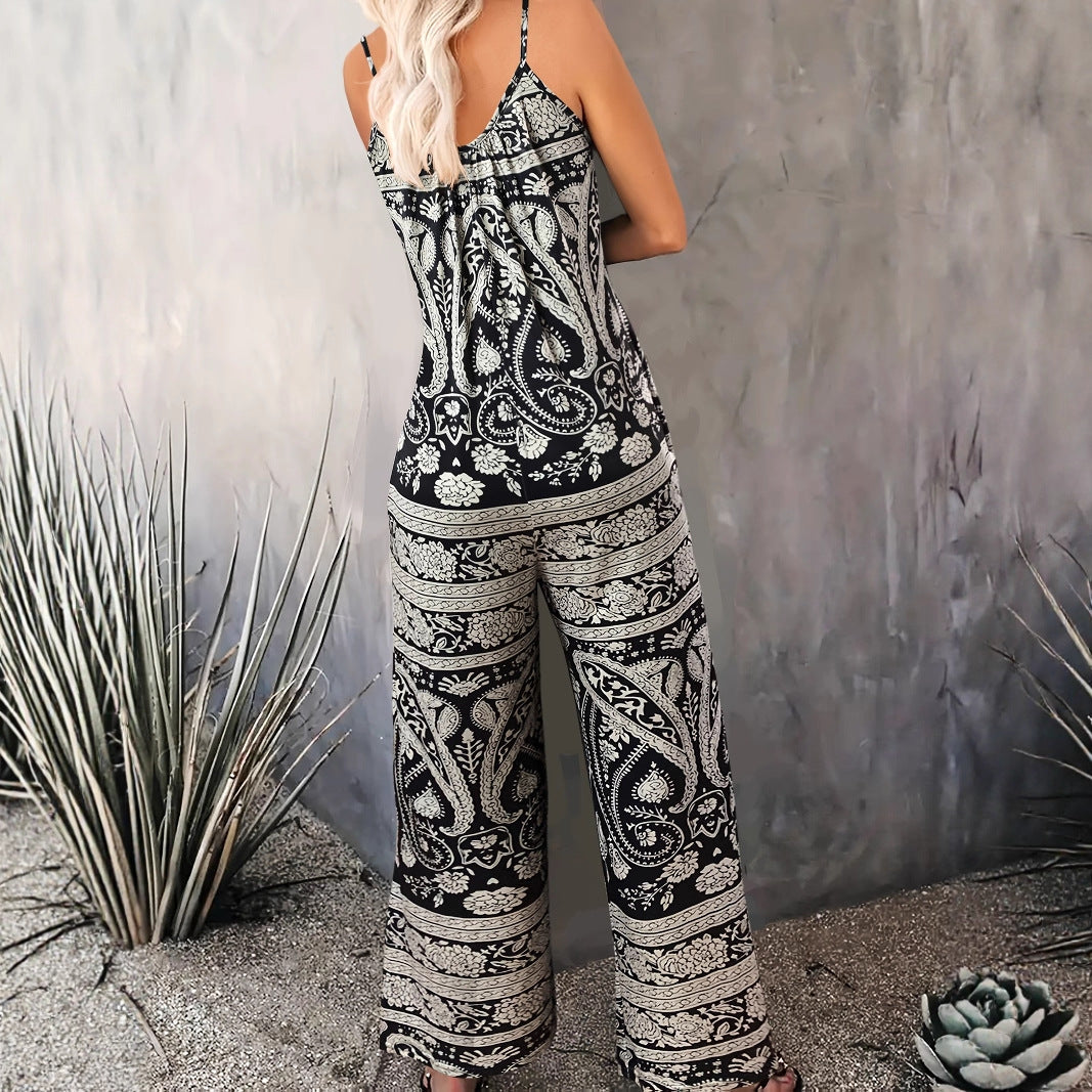 Paisley Pattern Women's Sling Jumpsuit Wide Leg Jumpsuit