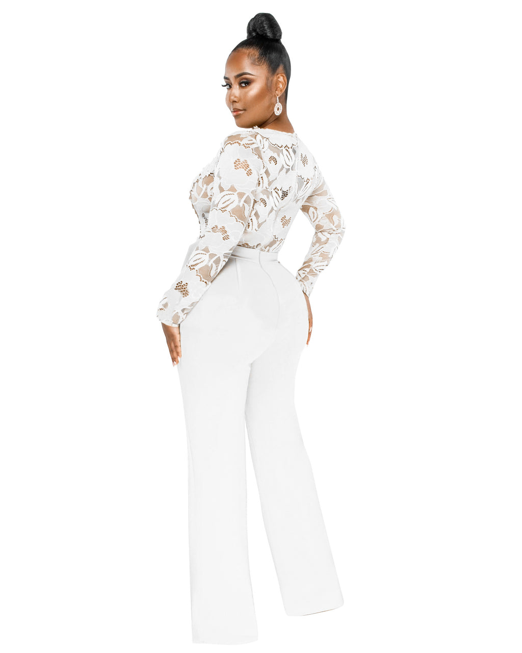 Casual Slim Fit V-neck Lace See-through Type Jumpsuit