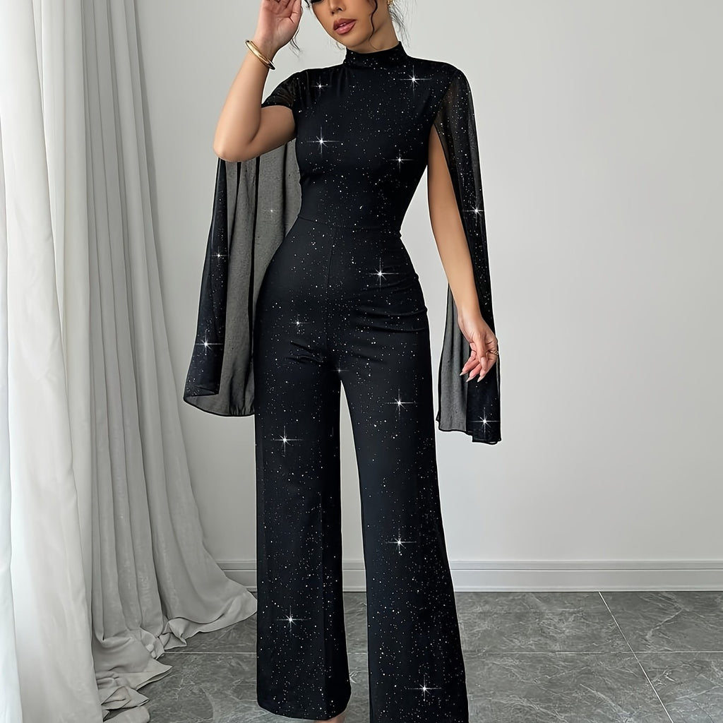 Women's Elegant Starry Night Jumpsuit with Metal Mesh & Black Fabric - Long Formal & Semi-Formal Outfits, Structured Stand Collar, Wide-Leg Trousers, Star Print Elegant Evening Pantsuit for Spring/Summer/Fall Events, Hand Was