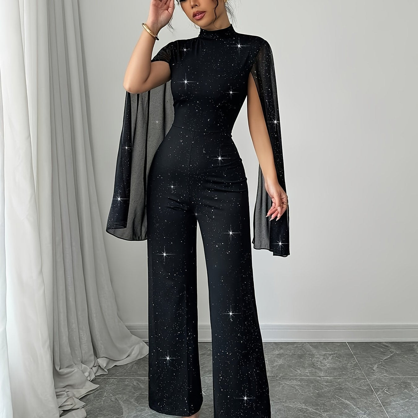Women's Elegant Starry Night Jumpsuit with Metal Mesh & Black Fabric - Long Formal & Semi-Formal Outfits, Structured Stand Collar, Wide-Leg Trousers, Star Print Elegant Evening Pantsuit for Spring/Summer/Fall Events, Hand Was