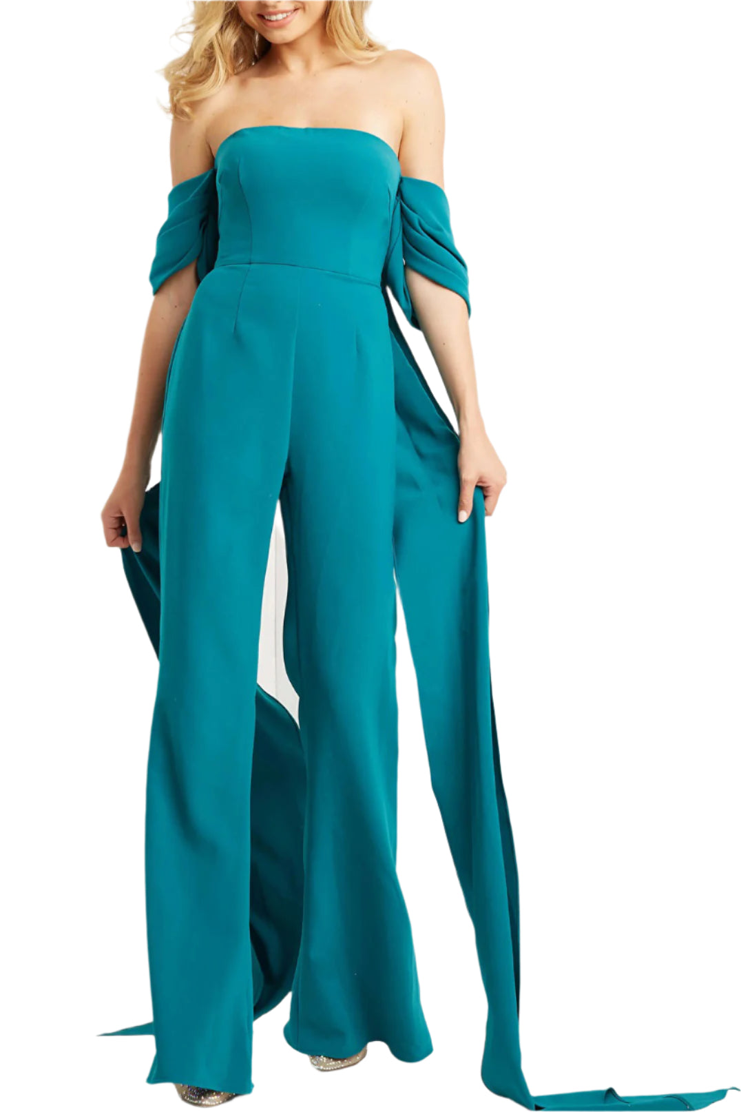 Jovani off the shoulder scuba crepe jumpsuit