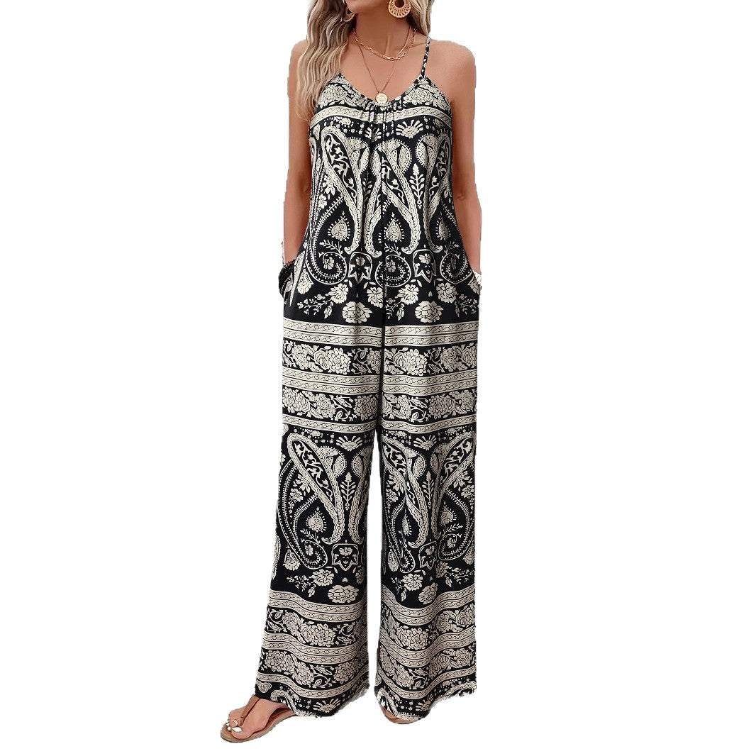 Paisley Pattern Women's Sling Jumpsuit Wide Leg Jumpsuit