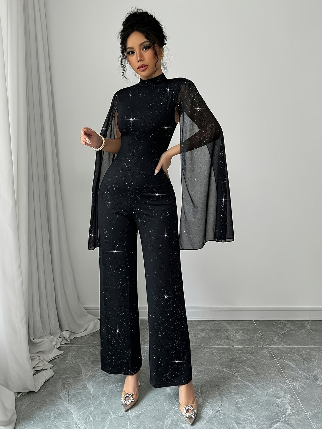Women's Elegant Starry Night Jumpsuit with Metal Mesh & Black Fabric - Long Formal & Semi-Formal Outfits, Structured Stand Collar, Wide-Leg Trousers, Star Print Elegant Evening Pantsuit for Spring/Summer/Fall Events, Hand Was