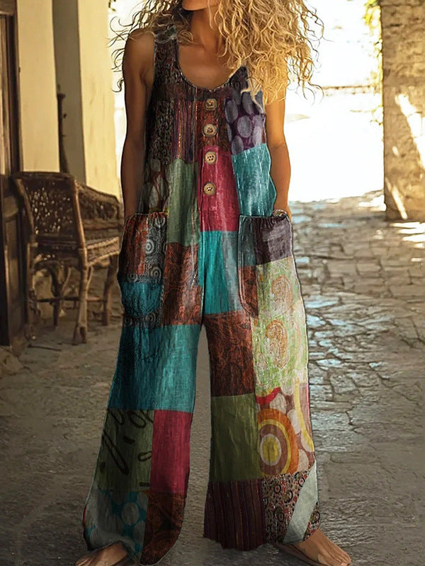 3D Digital Printing Women's Vest With Pocket Floral Jumpsuit