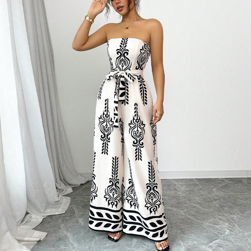 Women's Wide-leg Slim Fit Tied Printed Jumpsuit
