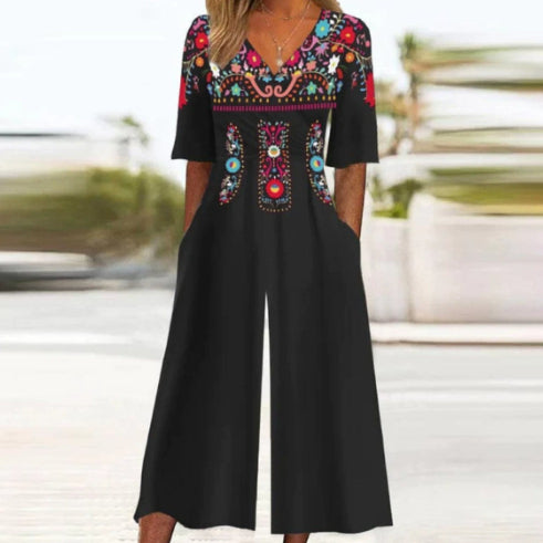 Spring And Summer Print Women's Pocket Collar Jumpsuit