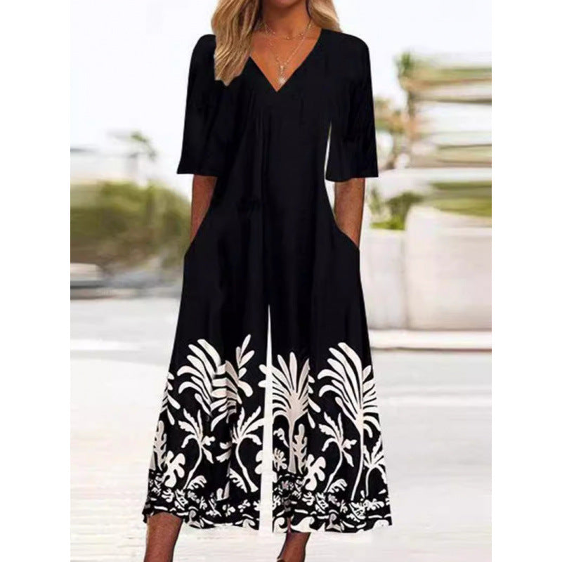 Spring And Summer Print Women's Pocket Collar Jumpsuit
