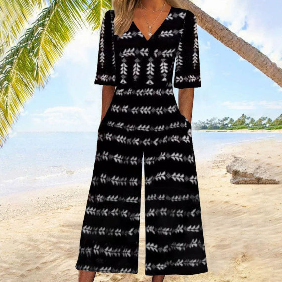 Spring And Summer Print Women's Pocket Collar Jumpsuit
