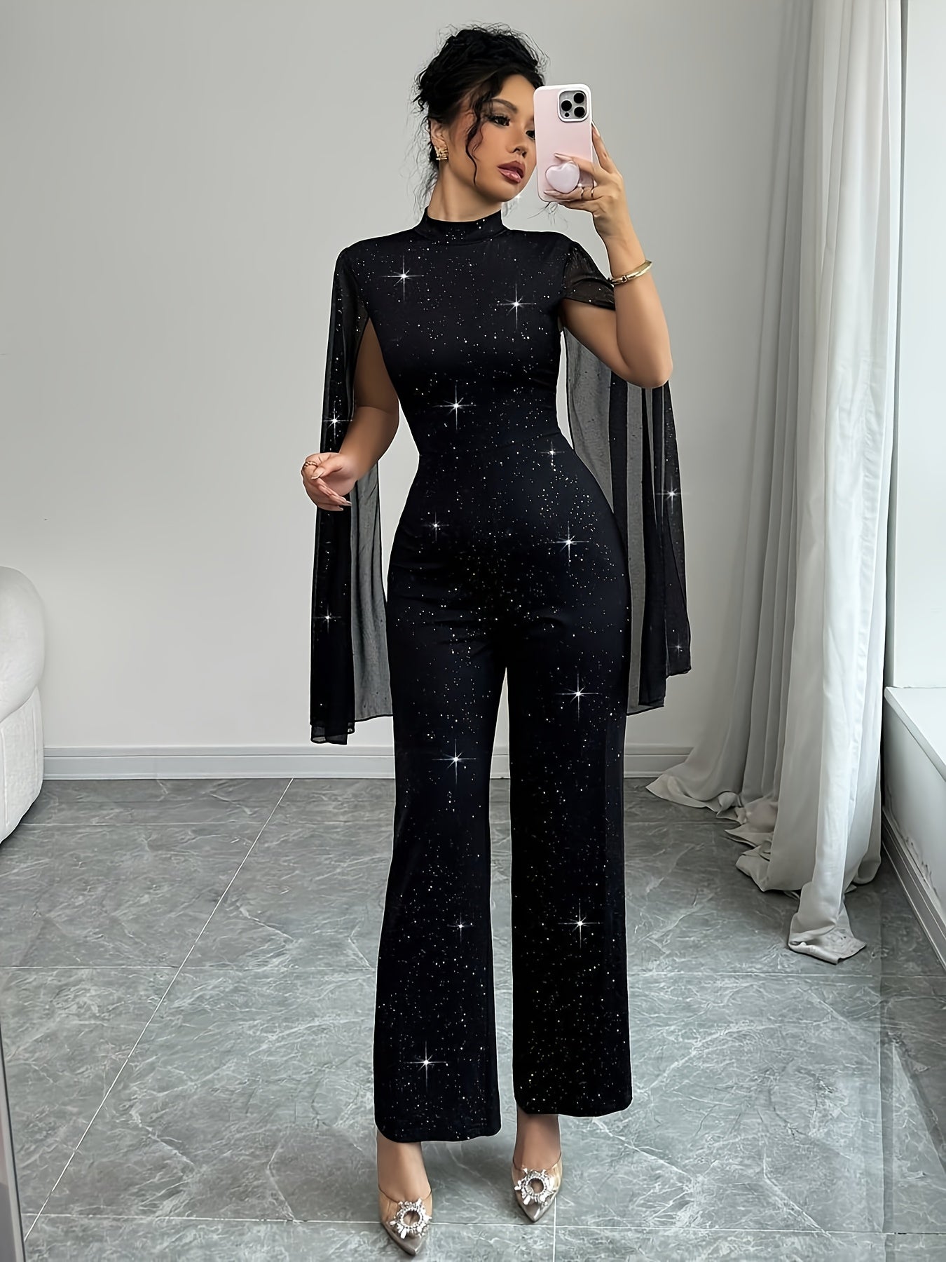 Women's Elegant Starry Night Jumpsuit with Metal Mesh & Black Fabric - Long Formal & Semi-Formal Outfits, Structured Stand Collar, Wide-Leg Trousers, Star Print Elegant Evening Pantsuit for Spring/Summer/Fall Events, Hand Was