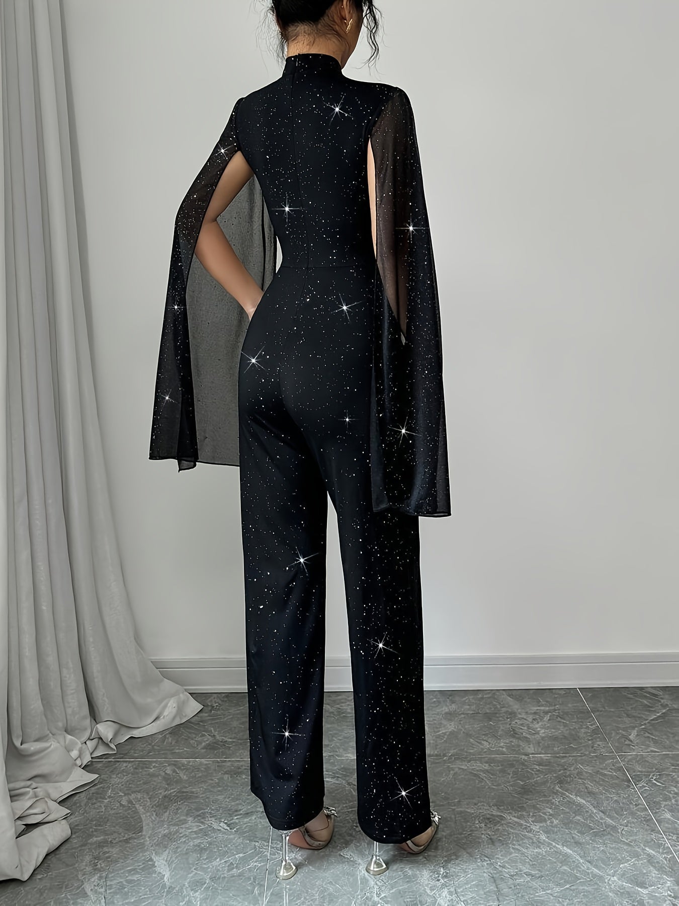 Women's Elegant Starry Night Jumpsuit with Metal Mesh & Black Fabric - Long Formal & Semi-Formal Outfits, Structured Stand Collar, Wide-Leg Trousers, Star Print Elegant Evening Pantsuit for Spring/Summer/Fall Events, Hand Was