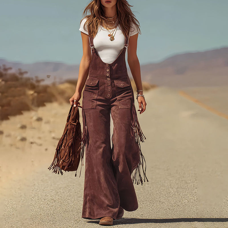 Women's Solid Color Fringe Wide-Leg Jumpsuit, Western Style Overalls With Pockets And Adjustable Straps And Button