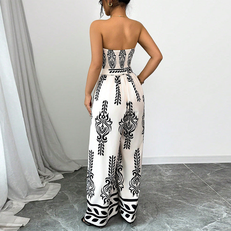 Women's Wide-leg Slim Fit Tied Printed Jumpsuit