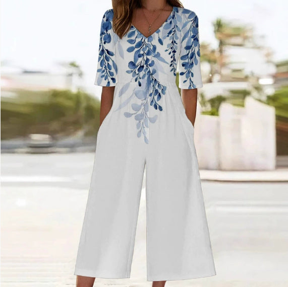 Spring And Summer Print Women's Pocket Collar Jumpsuit