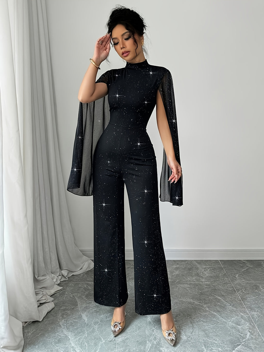 Women's Elegant Starry Night Jumpsuit with Metal Mesh & Black Fabric - Long Formal & Semi-Formal Outfits, Structured Stand Collar, Wide-Leg Trousers, Star Print Elegant Evening Pantsuit for Spring/Summer/Fall Events, Hand Was