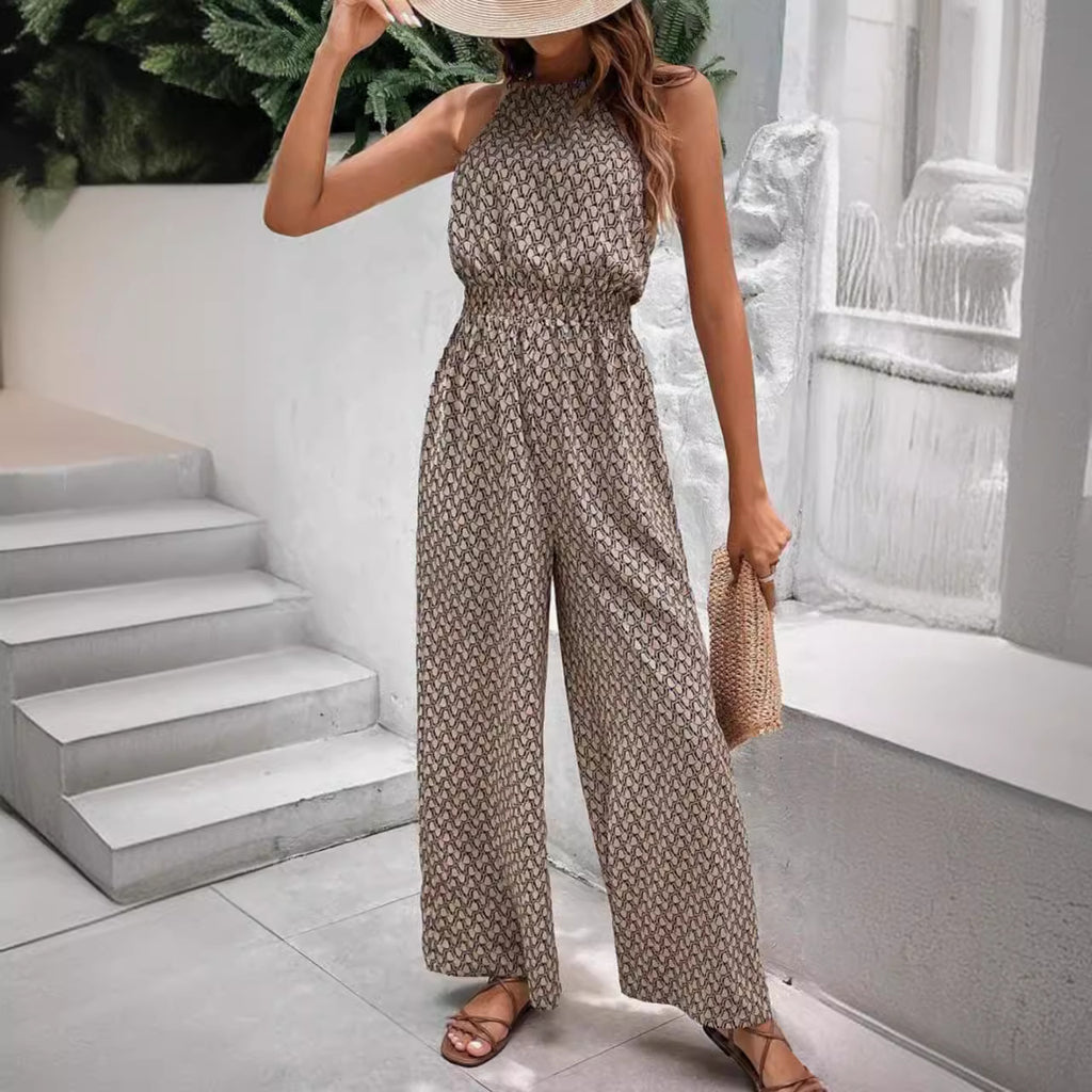 Casual Sleeveless Geometric Print Leopard Jumpsuit