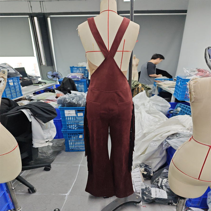 Women's Solid Color Fringe Wide-Leg Jumpsuit, Western Style Overalls With Pockets And Adjustable Straps And Button