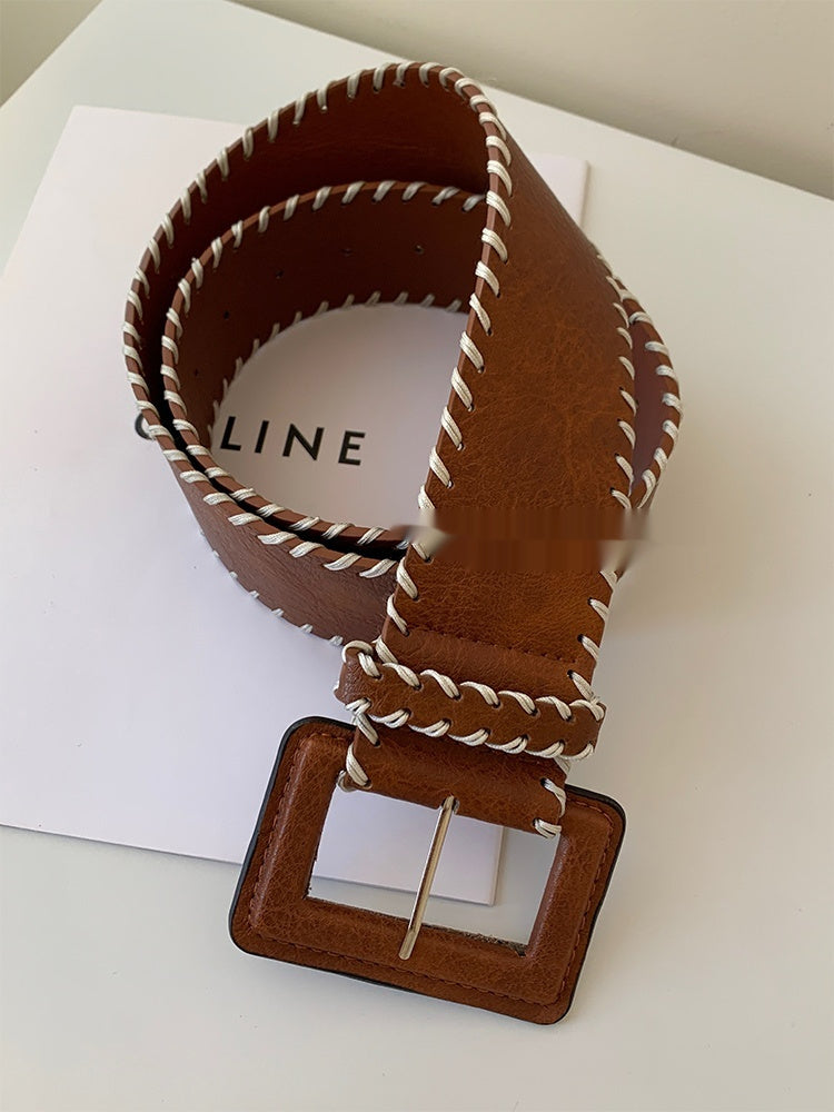 Brown PU Leather Wide Belt Women's Retro Fashion Woven