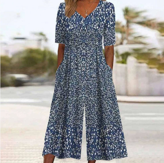Spring And Summer Print Women's Pocket Collar Jumpsuit