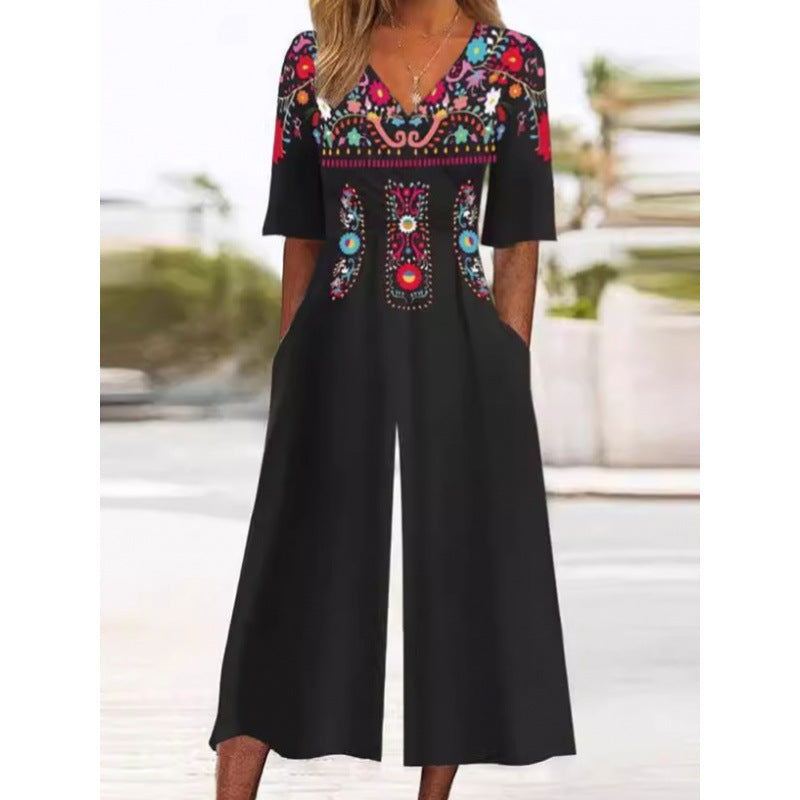 Spring And Summer Print Women's Pocket Collar Jumpsuit
