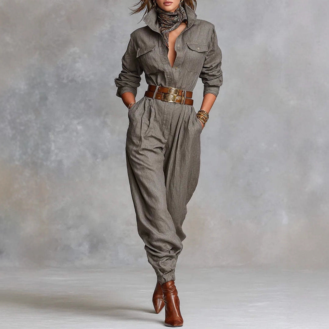 New Women's Long-sleeved Lapel Jumpsuit Women