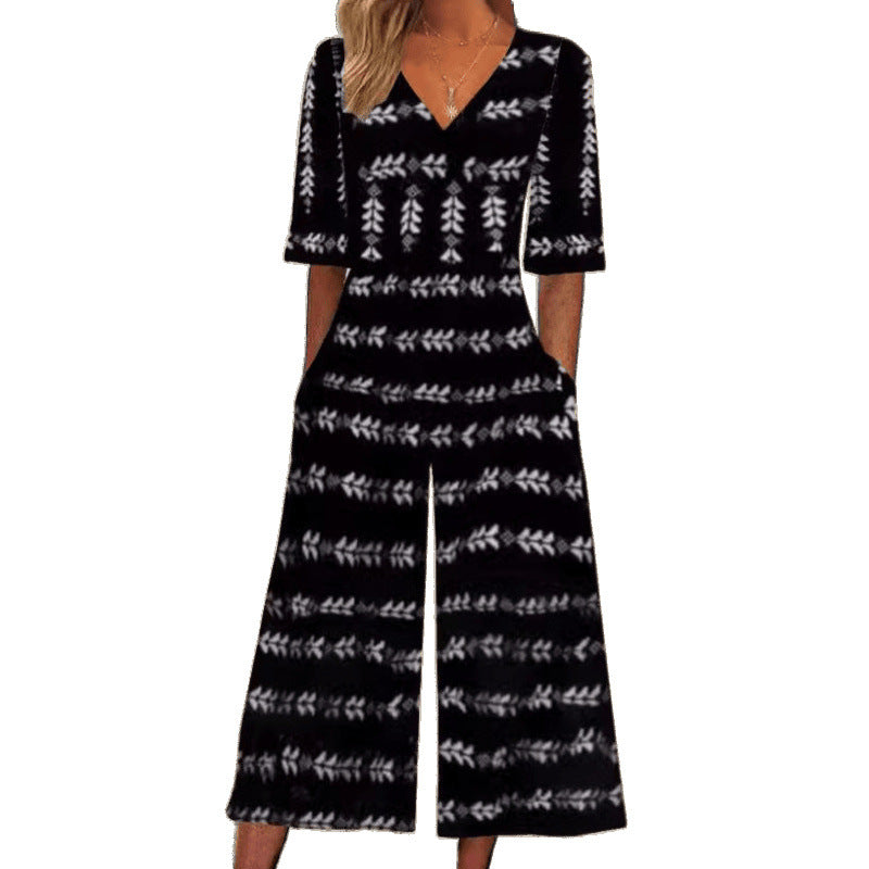 Spring And Summer Print Women's Pocket Collar Jumpsuit