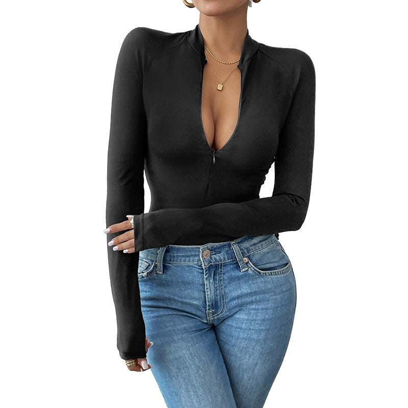 Sexy Casual Simple Half Zipped Stand Collar Long Sleeve Solid Color Jumpsuit