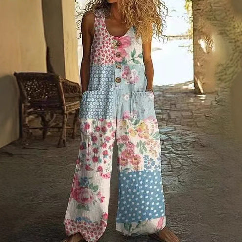 3D Digital Printing Women's Vest With Pocket Floral Jumpsuit