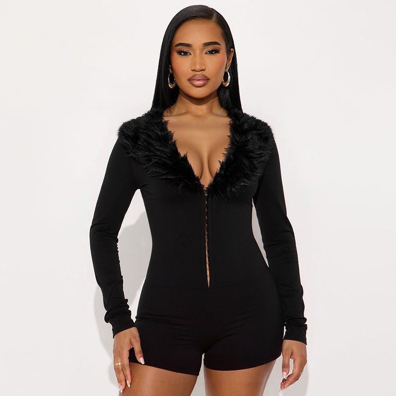 Black Faux Fur-trimmed, Figure-flattering, Long-sleeved Bodysuit