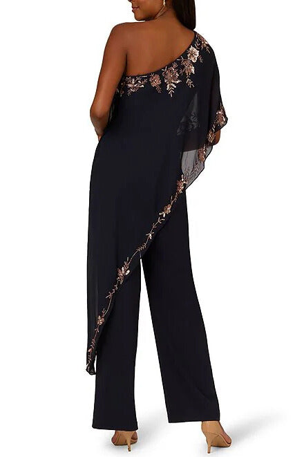 Adrianna Papell Beaded Overlay One Shoulder Straight Leg Jumpsuit