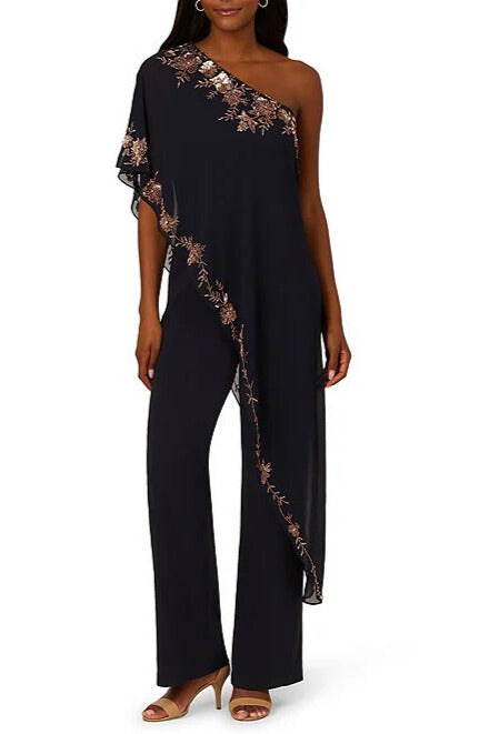 Adrianna Papell Beaded Overlay One Shoulder Straight Leg Jumpsuit