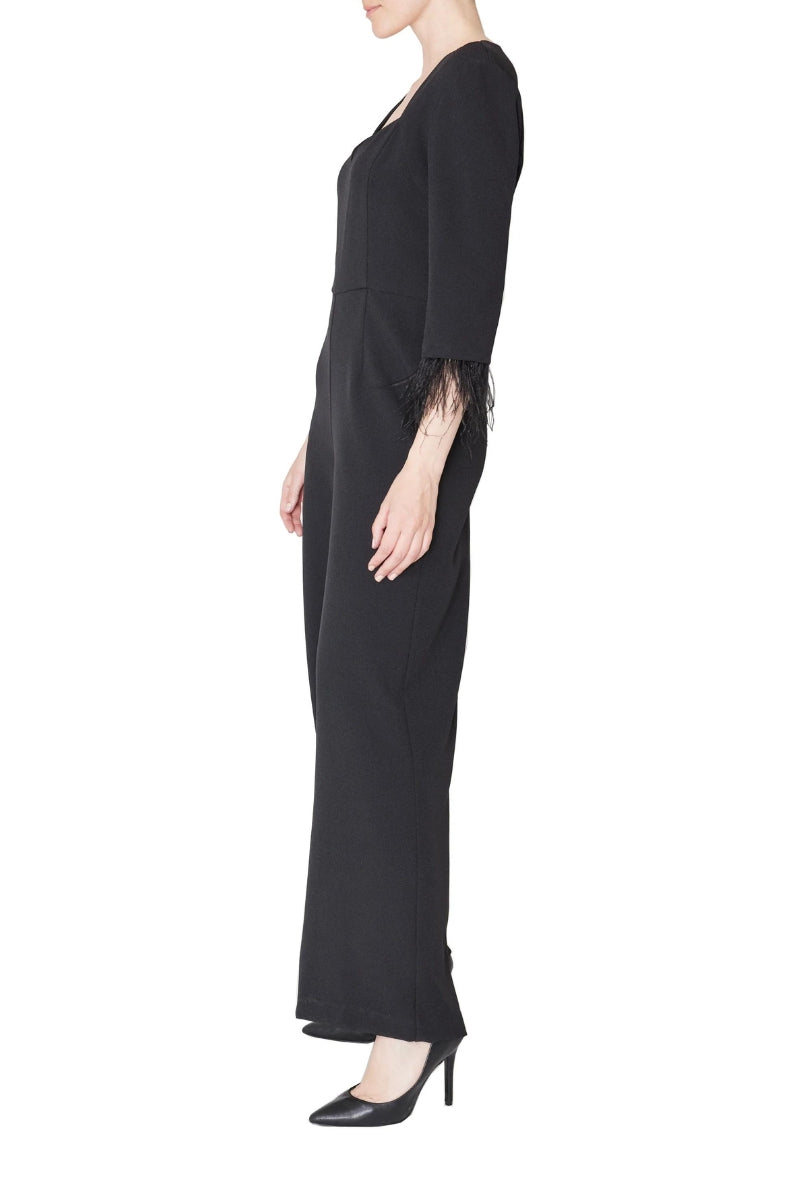 Julia Jordan Faux Feather Trim V-Neck Crepe Jumpsuit