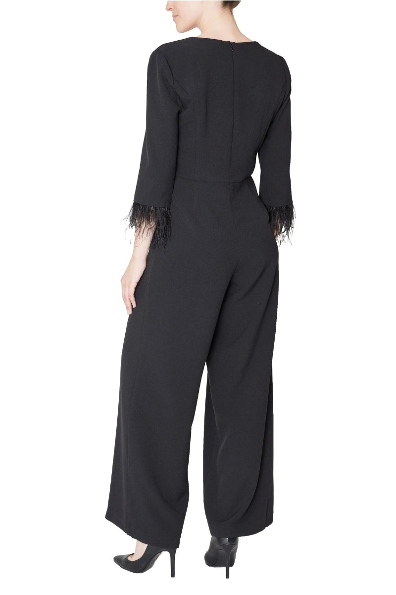 Julia Jordan Faux Feather Trim V-Neck Crepe Jumpsuit