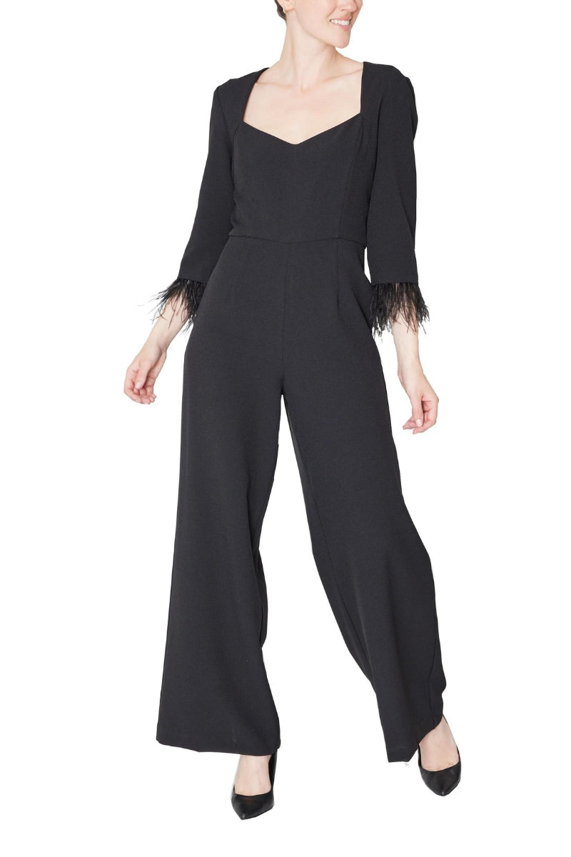 Julia Jordan Faux Feather Trim V-Neck Crepe Jumpsuit