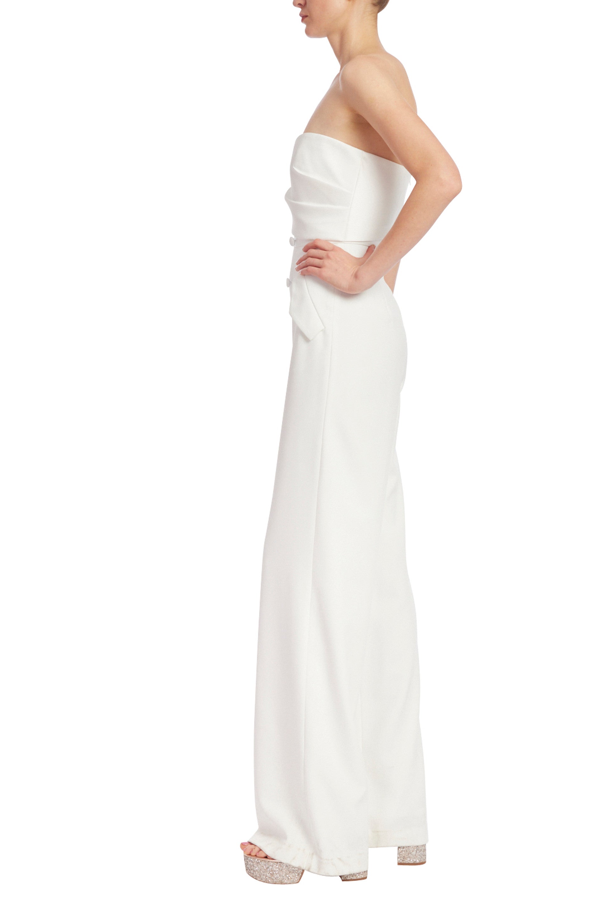 Badgley Mischka Strapless Tuxedo-Style Crepe Faux Pockets Jumpsuit