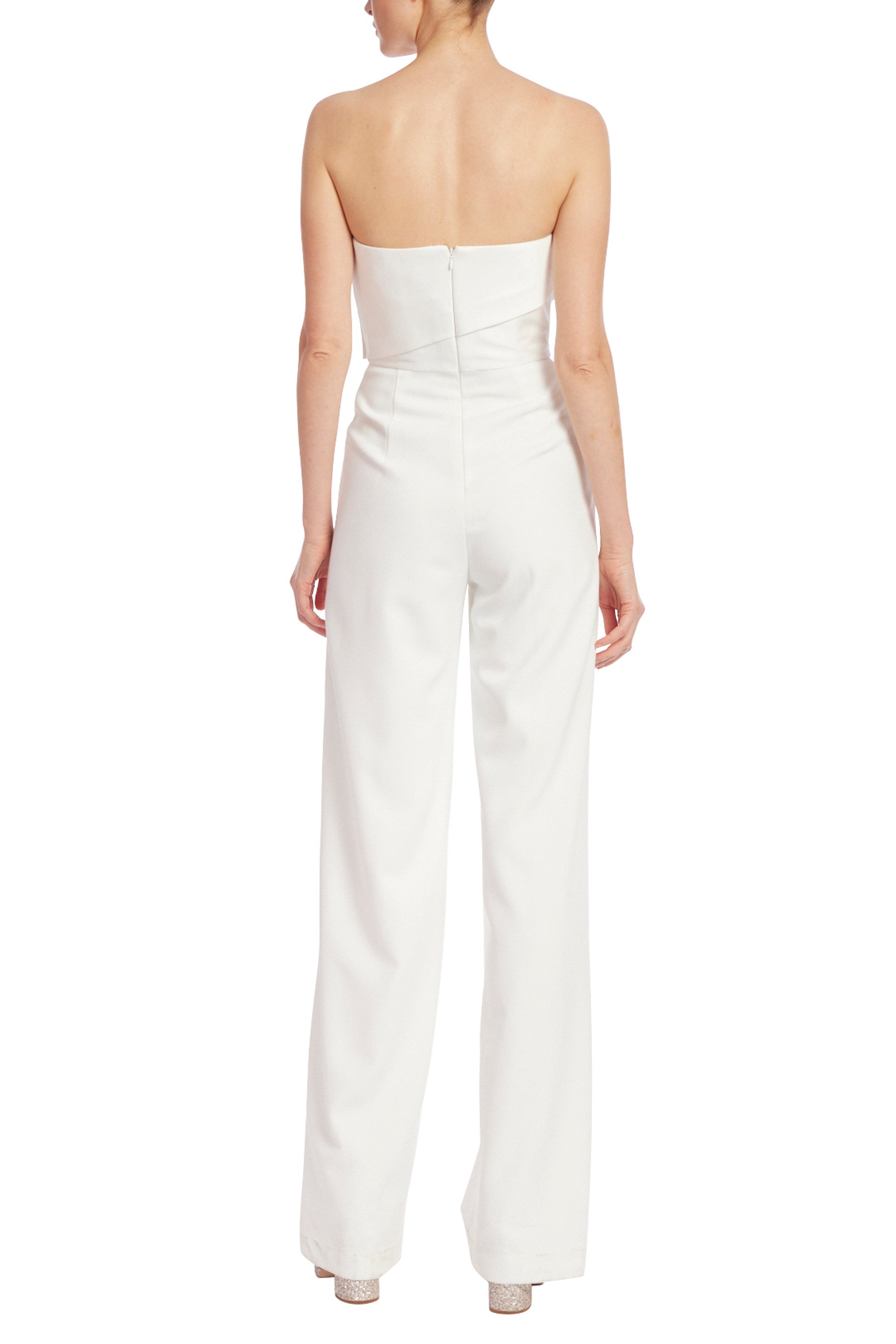 Badgley Mischka Strapless Tuxedo-Style Crepe Faux Pockets Jumpsuit