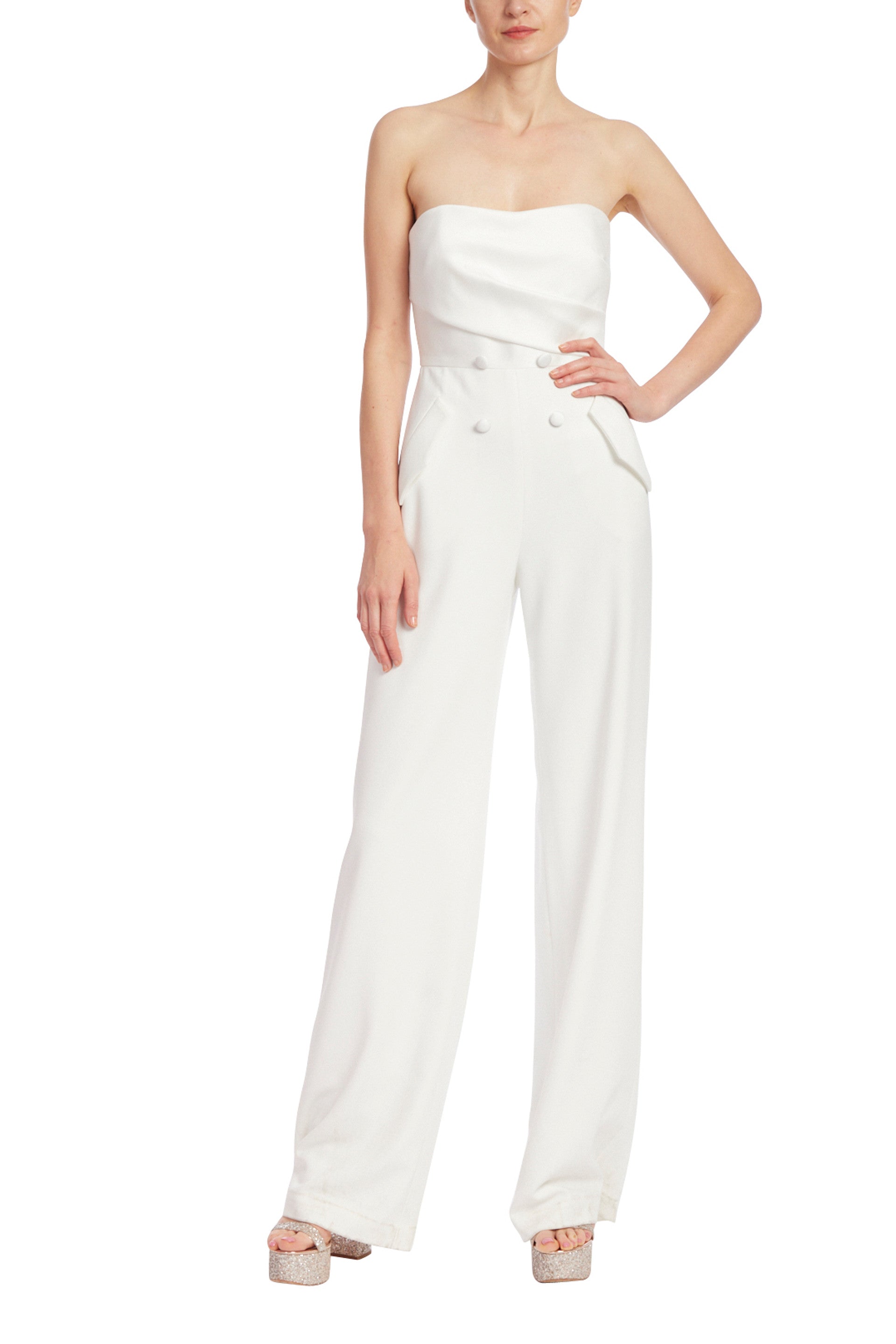 Badgley Mischka Strapless Tuxedo-Style Crepe Faux Pockets Jumpsuit
