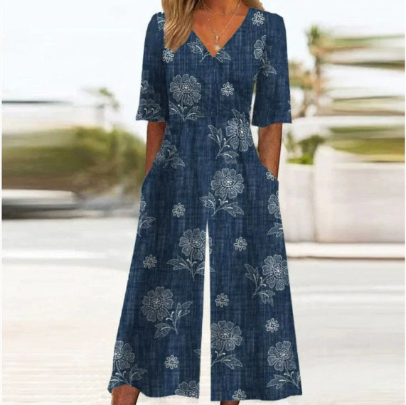 Spring And Summer Print Women's Pocket Collar Jumpsuit