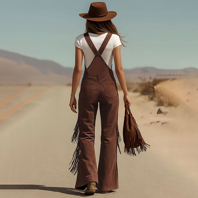 Women's Solid Color Fringe Wide-Leg Jumpsuit, Western Style Overalls With Pockets And Adjustable Straps And Button