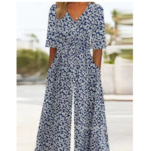 Spring And Summer Print Women's Pocket Collar Jumpsuit