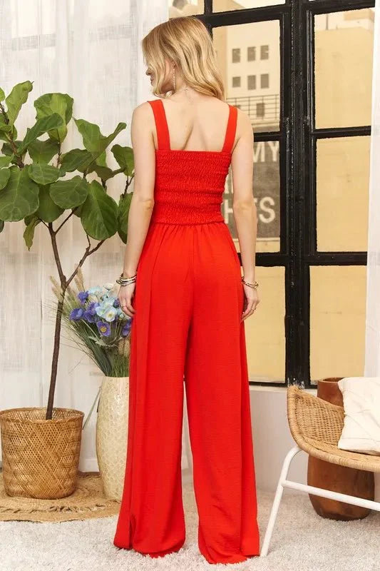 ADORA Full Size Smocking Top Wide Leg Jumpsuit Plus Size