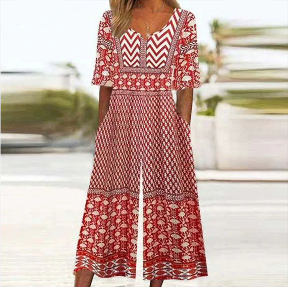 Spring And Summer Print Women's Pocket Collar Jumpsuit