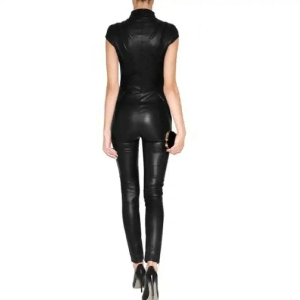 Women’s Black Short Sleeve Leather Jumpsuit