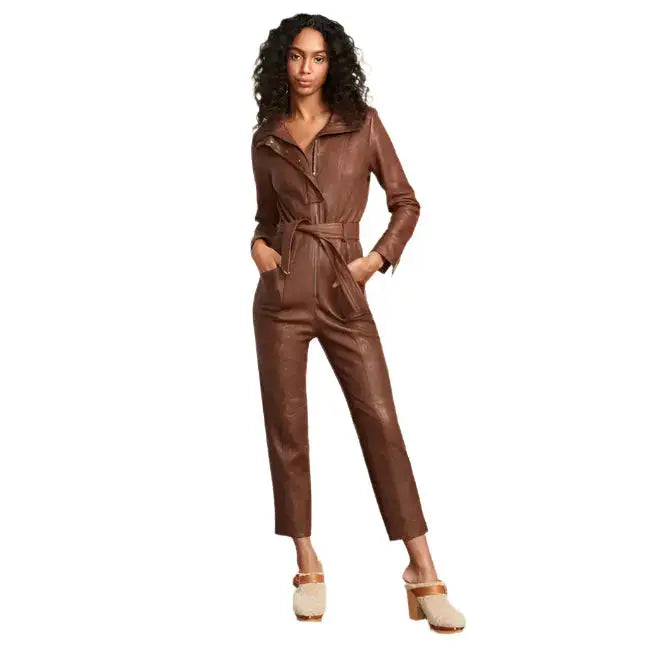 Women’s Brown Utility Belted Leather Jumpsuit