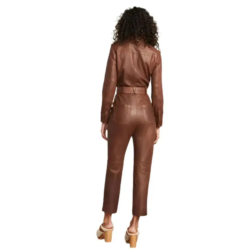 Women’s Brown Utility Belted Leather Jumpsuit