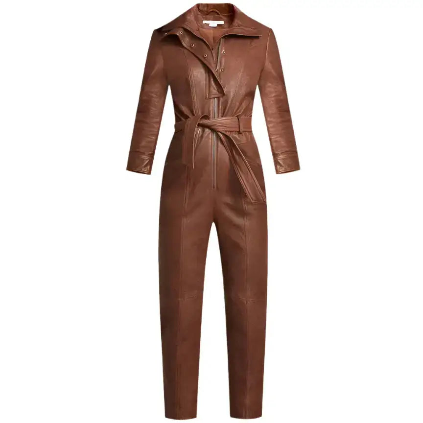 Women’s Brown Utility Belted Leather Jumpsuit