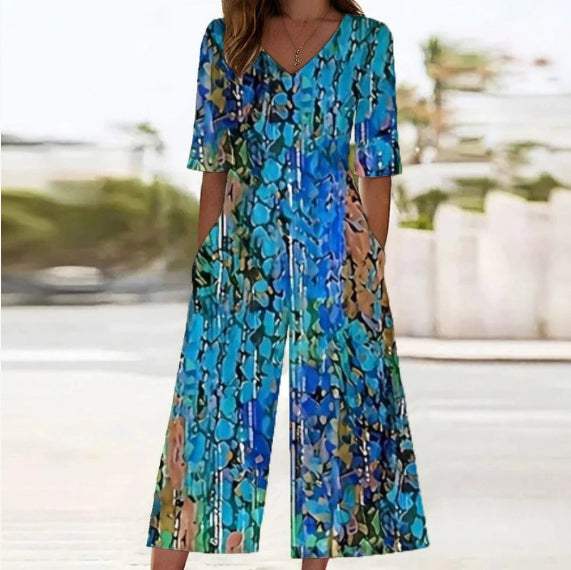 Spring And Summer Print Women's Pocket Collar Jumpsuit