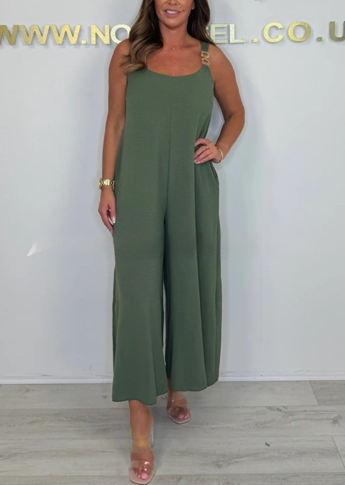 Solid Color Casual Sling Wide Leg Jumpsuit