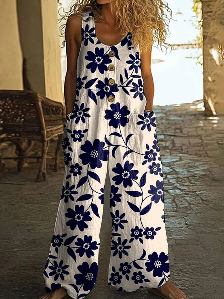 3D Digital Printing Women's Vest With Pocket Floral Jumpsuit