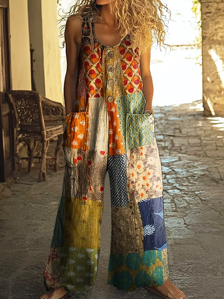 3D Digital Printing Women's Vest With Pocket Floral Jumpsuit