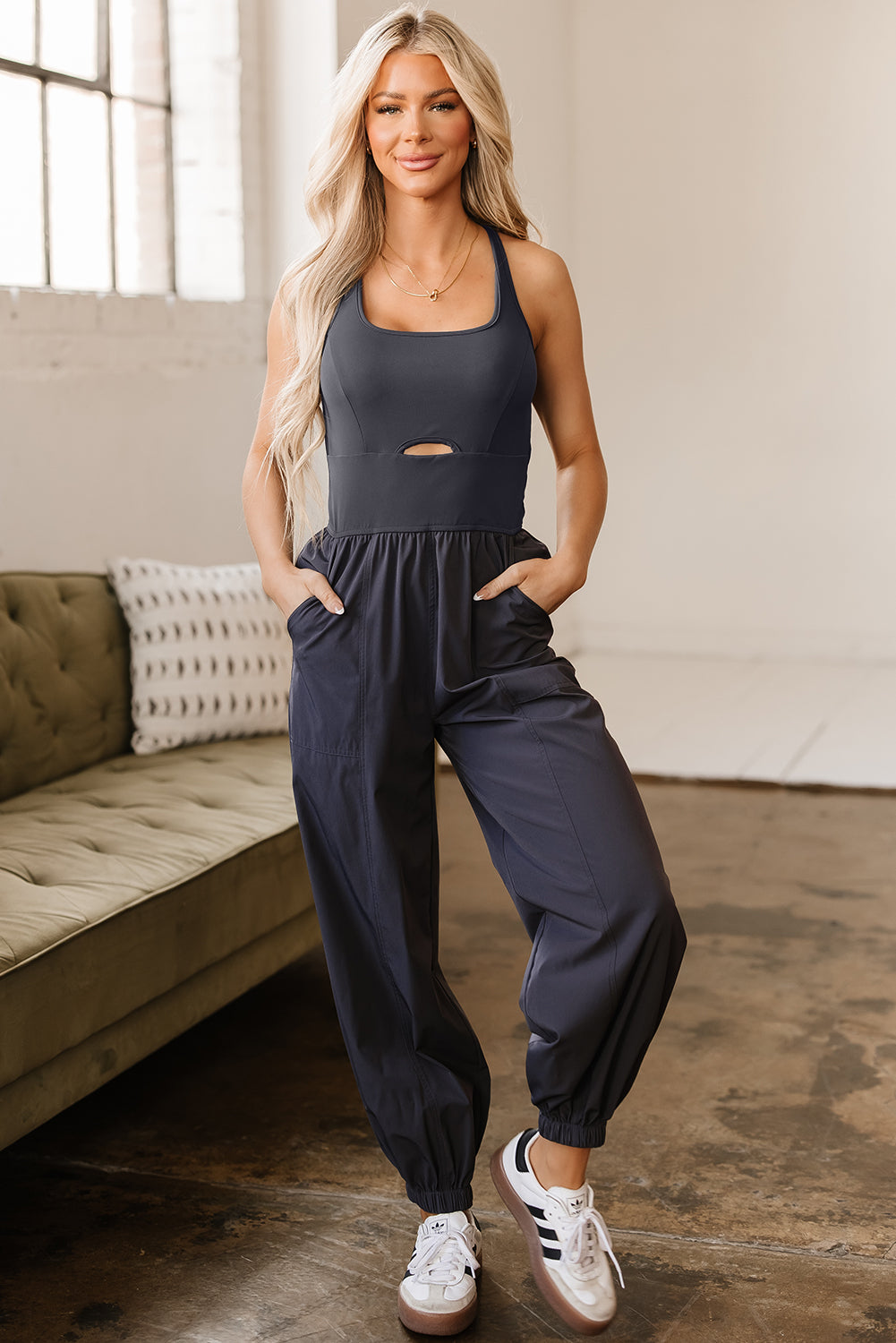Avianna Back Crossed Straps Hollow Out Jogger Jumpsuit